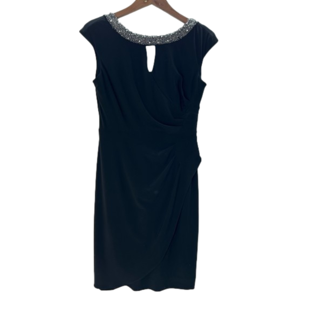Designer Black Jewel Embellished Cocktail Wrap Dress Size 10